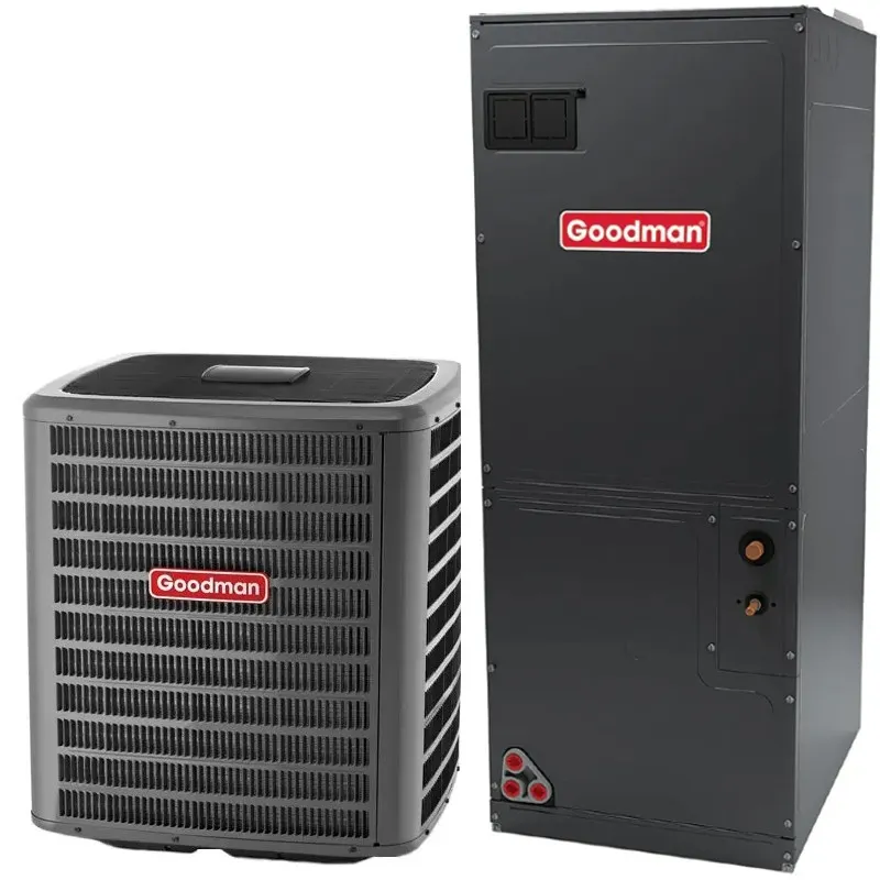 Outdoor unit and indoor air handler of a ducted heat pump. (Credit: Goodman)